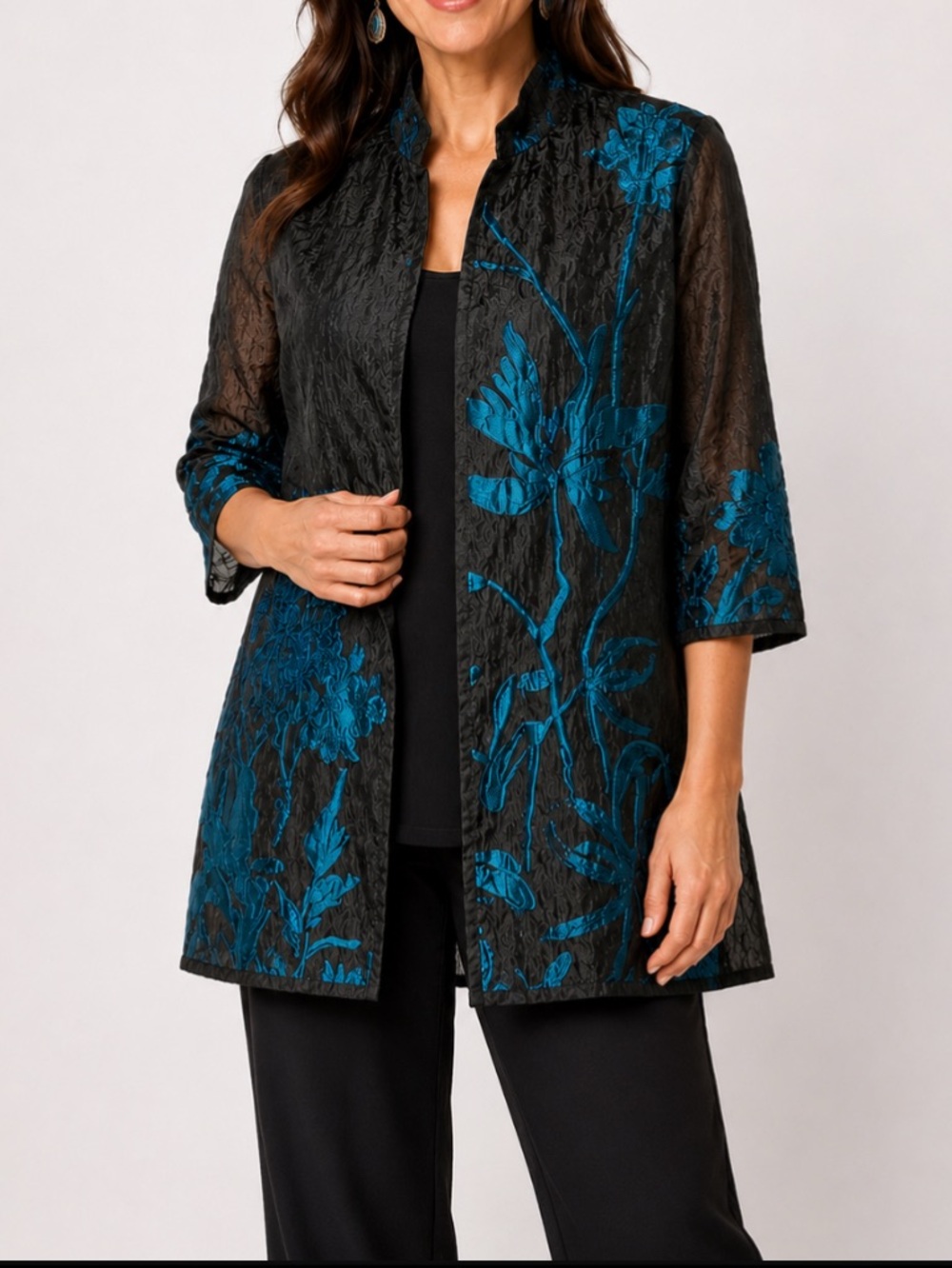Chicos Black Boho Sheer Floral Embroidered Duster with Teal Accents Tunic 0